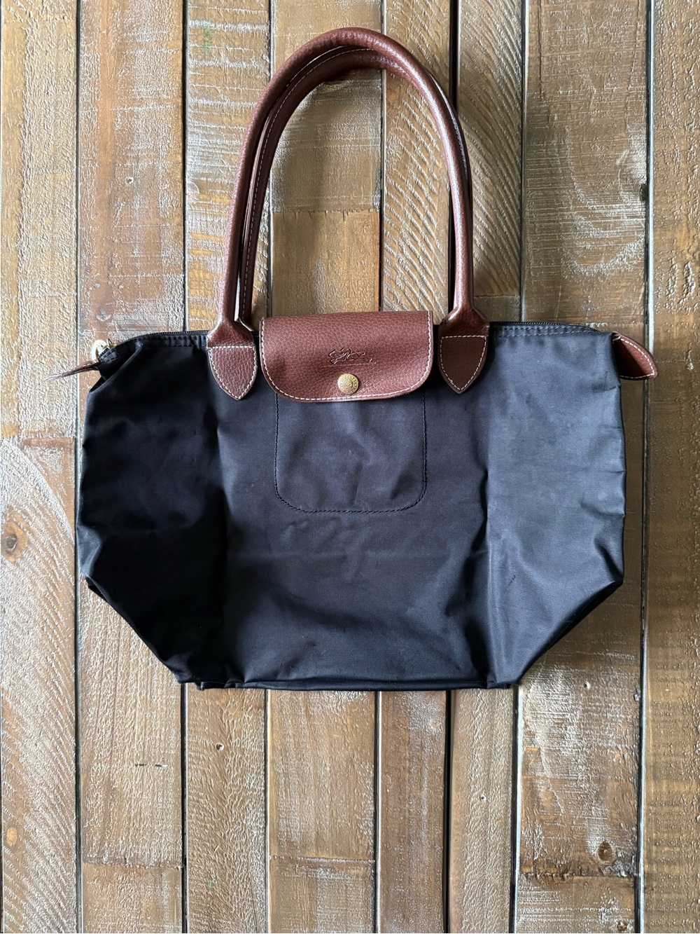 Longchamp Black Nylon Tote with Brown Leather Trim - Picture 7 of 16